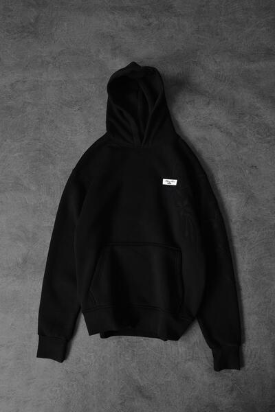 Slatra Erkek Siyah Palm Nakışlı Oversize Kapüşonlu Sweatshirt