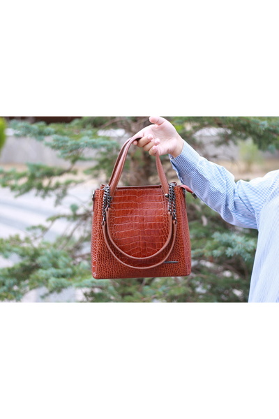 Aksesuarlia Brown Crocodile Pattern Genuine Leather Bag - Shoulder Strap and Handbag - Multi-Compartment
