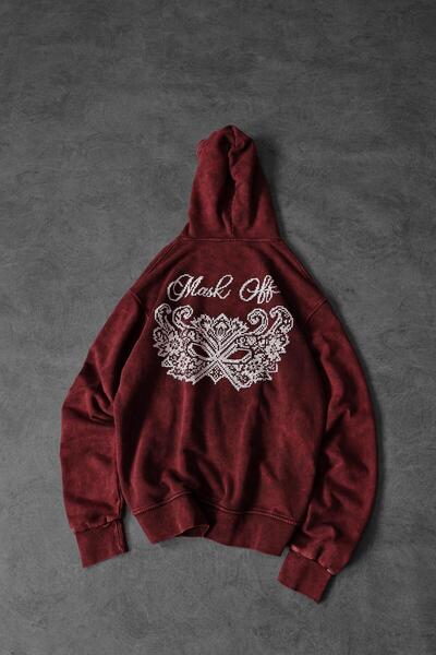 Slatra Erkek Bordo Mask Nakışlı Özel Yıkamalı Oversize Kapüşonlu Sweatshirt