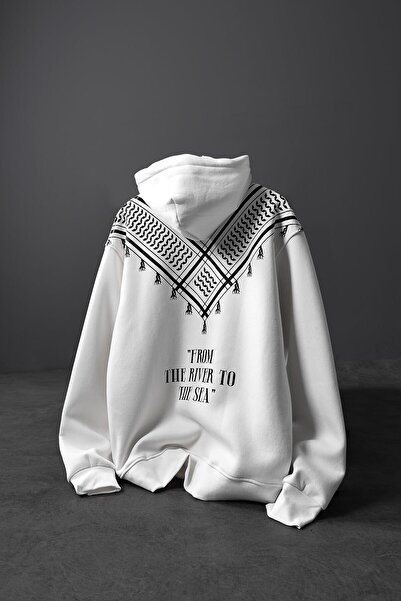 Slatra Men's White Back Shawl Pattern Oversize Hooded Sweatshirt