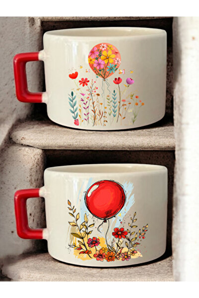lili hediyelik طقم من كوبين سيراميك مع طباعة بالون داخل زهرة - أكواب سيراميك ...
