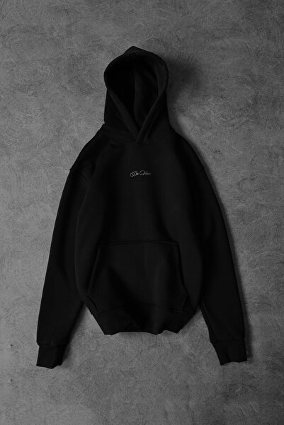 Slatra Men's Black Da Vinci Embossed Printed Oversize Hooded Sweatshirt