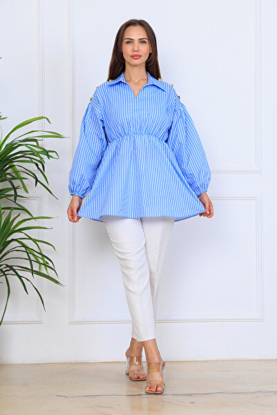 Cochines Γυναικείο μπλουζάκι με μακρυμάνικο σατέν με λευκές ρίγες και ελαστική μέση