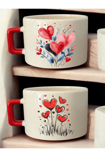 lili hediyelik Colorful Hearts Printed 2-Piece Coffee Cup Ceramic Mug - Teacher's Day Gift, Gift for Teacher