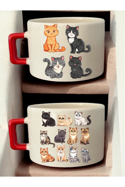 lili hediyelik Cats Drawing Printed 2-Piece Coffee Cup Ceramic Mug - Teacher's Day Gift, Gift for Teacher