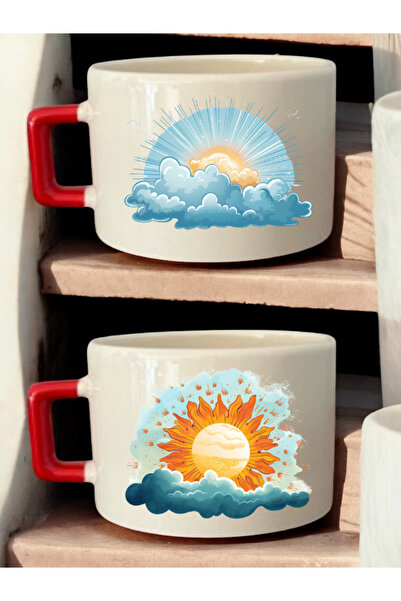 lili hediyelik Sun Behind the Clouds Printed 2-Piece Coffee Cup Ceramic Mug - Ceramic Tea, Coffee Gift