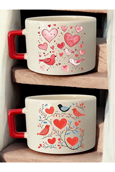 lili hediyelik Bird Heart Drawing Printed 2-Piece Coffee Cup Ceramic Mug - Ceramic Tea, Coffee Gift