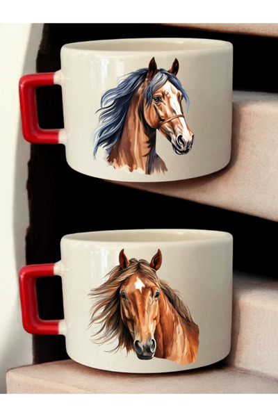 lili hediyelik Horse Theme Printed 2-Piece Coffee Cup Ceramic Mug - Ceramic Tea, Coffee Gift