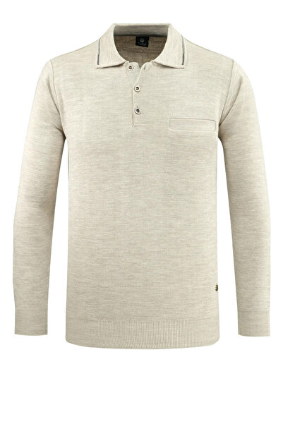 Çizgi Triko Мъжки пуловер с поло яка, плетен с джобове, класически модел от стоманена плетена материя
