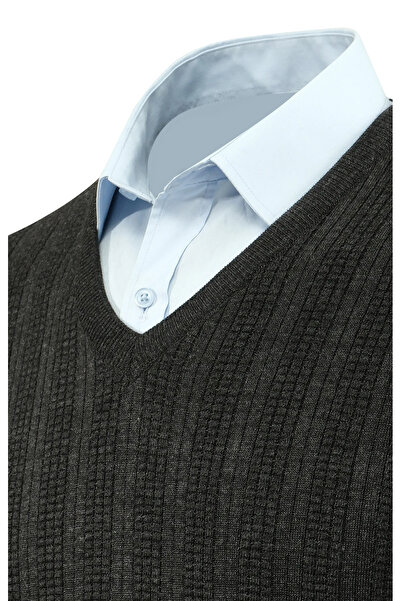 Çizgi Triko Men's V-Neck Knitwear Dark Gray Sweater Steel Knit Pattern Classic Fit