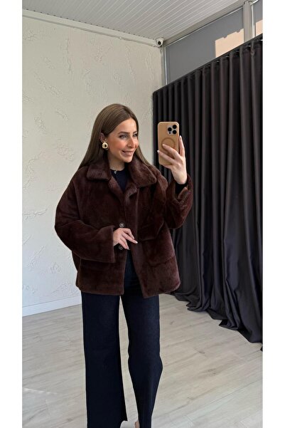 elif teke Premium Plush Jacket with Front Pockets Brown