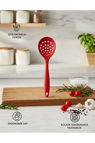 TARIK HOME ProChef Renkli Sert Silikon Kevgir Ergonomik Saplı Delikli Kepçe Isıya Dayanıklı 1 Adet