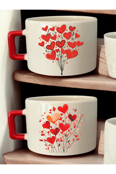lili hediyelik Heart Flower Printed 2-Piece Coffee Cup Ceramic Mug - Ceramic Tea, Coffee Gift