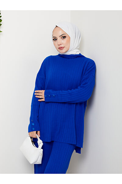 MY QILAM Γυναικείο Σετ Μαντίλι Χιτζάμπ Κορυφαίο και Κάτω Μέρος Πλεκτό Σετ με Κορδόνια Κορυφαίο γιακά Μανίκια με Λεπτομέρεια με Κουμπιά Πλεκτό Σετ Camel