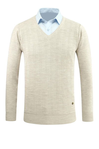 Çizgi Triko Мъжки пуловер с V-образно деколте и стоманен плетен мотив, класическа кройка