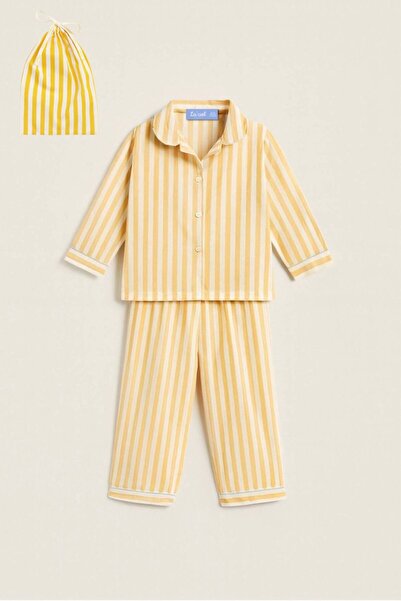 La ciel Paris Hei Yellow Unisex Children's Striped Seasonal 100% Cotton Pajamas Top and Bottom Set