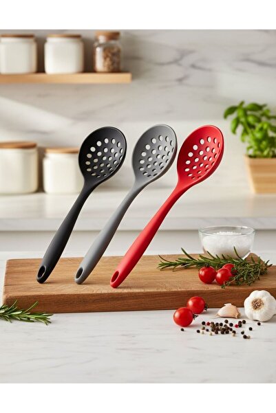 TARIK HOME Prochef Colorful Hard Silicone Colander with Ergonomic Handle Perforated Ladle Heat Resistant 1 Piece