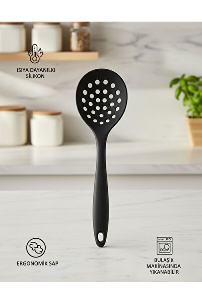 TARIK HOME ProChef Renkli Sert Silikon Kevgir Ergonomik Saplı Delikli Kepçe I...