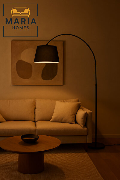 MARIA HOMES Modern Black Arc Floor Lamp with Black Fabric Shade – Stylish Standing Light