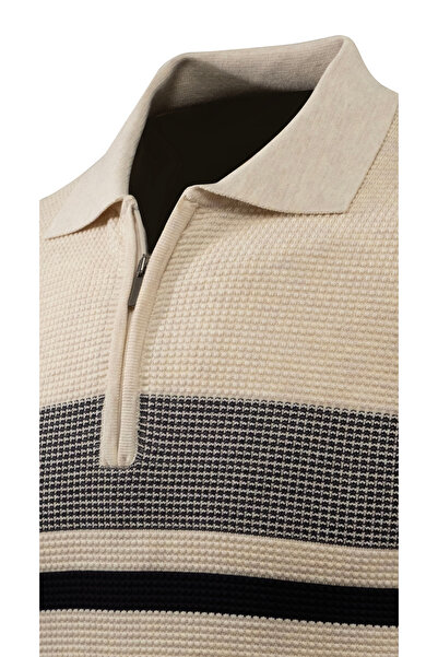 Çizgi Triko Men's Zippered Polo Neck Sweater Knitwear Embossed Knit Pattern Classic Fit