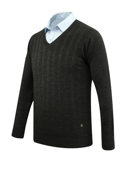 Çizgi Triko Men's V-Neck Knitwear Dark Gray Sweater Steel Knit Pattern Classic Fit