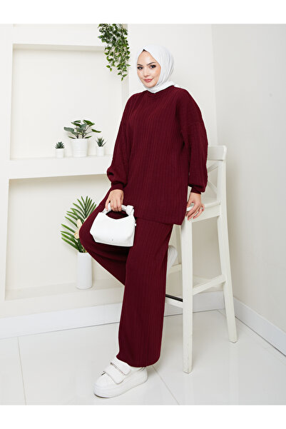MY QILAM Women's Hijab Top and Bottom Set Ribbed Stand Collar Patterned Balloon Sleeve Burgundy