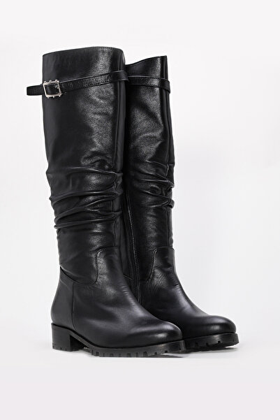 TUGERDİ Siyah Büzgülü İçi Yarım  Hakiki Deri Fermuarlı Jurdan Taban Kadın Çizme
