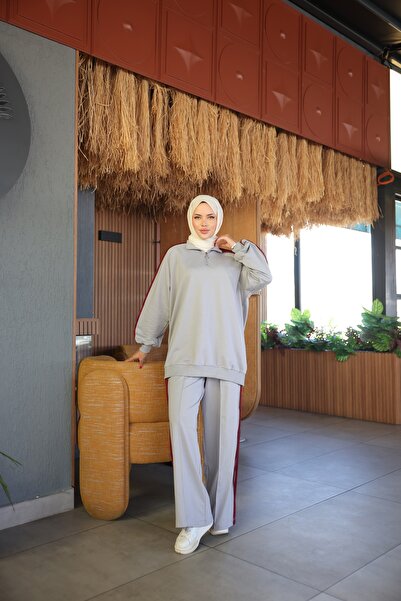 Ryzi Moda Hijab Top - Bottom Set - Γκρι - Κανονικό μέγεθος