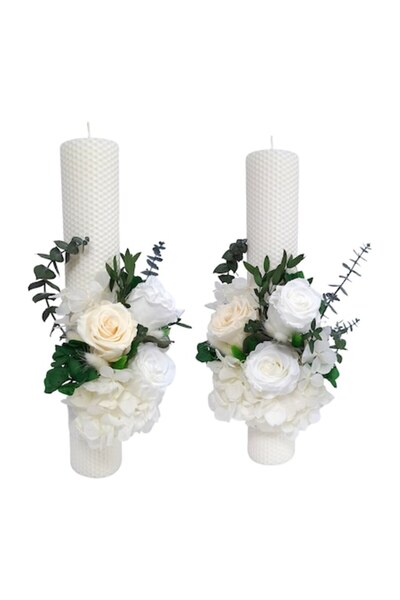 OEM Wedding Wax Candles with Preserved Roses and Flowers H35/D6 cm, White