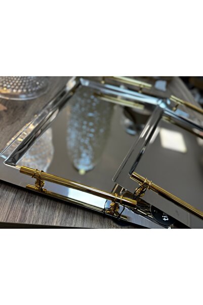 hediye Esterhomedecor 2-Piece Gold Handle Stainless Steel Tea Tray 48*33cm 37*23cm