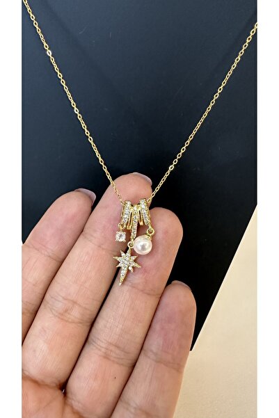 ela jewelry Altın Renk Çelik İnci ve Yıldız Charm Detaylı Kadın Kolye