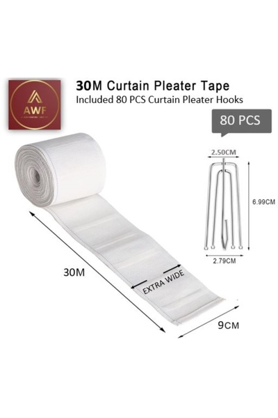 AWF AL WADI FURNITURE Shuff 30 Meters Extra Wide Heavy Duty Curtain Pleat Tape & 80 Pcs Stainless 4 Prongs Hooks