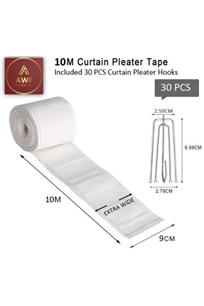 AWF AL WADI FURNITURE Shuff 10 Meters Extra Wide Heavy Duty Curtain Pleat Tape & 30 Pcs Stainless 4 Prongs Hooks