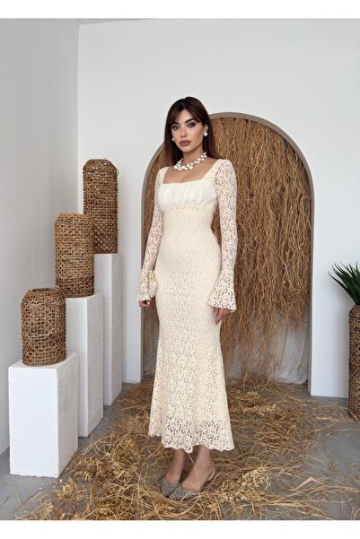 ETİKAFASHION Büzgü Yaka İspanyol Kol Dantel Uzun Elbise