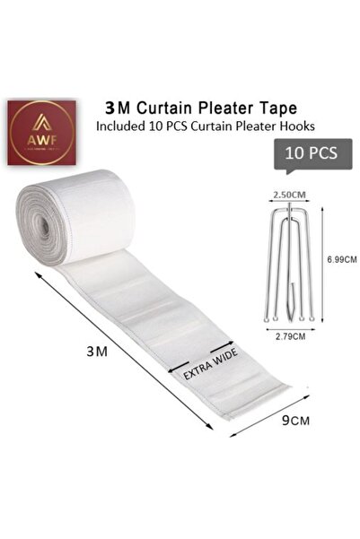 AWF AL WADI FURNITURE Shuff 3 Meters Extra Wide Heavy Duty Curtain Pleat Tape & 10 Pcs Stainless 4 Prongs Hooks