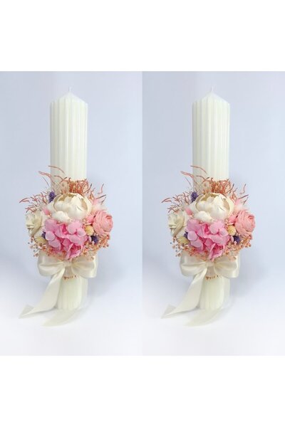 OEM Set 2 candles for wedding decorated with ming flowers, preserved hydrangea and dried and pre