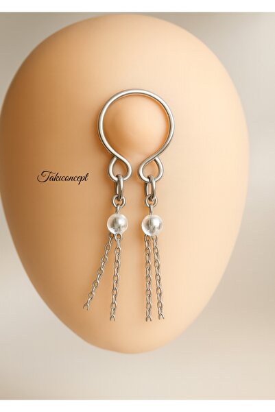TakıConcept 2 Adet Deliksiz İnci Detaylı Çelik Sıkıştırma Fake Meme Ucu Nipple Piercing