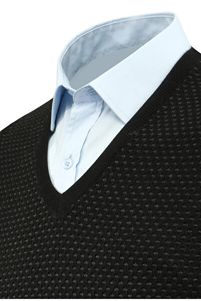 Çizgi Triko Men's V-Neck Sweater Patterned Steel Knit Regular Fit - 5201H