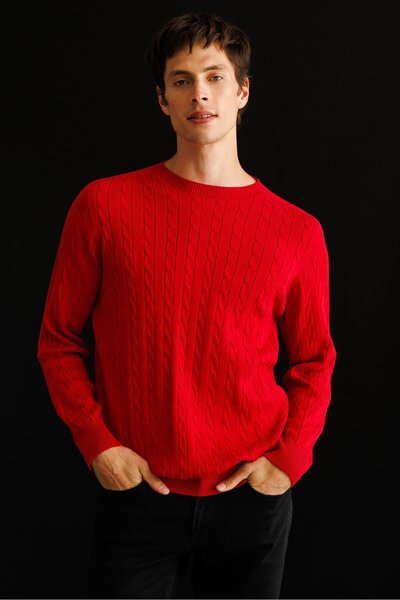 Desen Triko Men's Crew Neck Hair Braided Sweater Dark Red