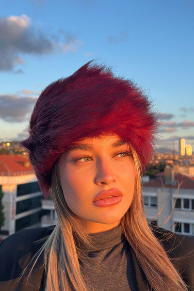 Mavelle Women's Burgundy Faux Fur Kalpak |   Russian Style Hat |   Winter Trend Furry Ushanka