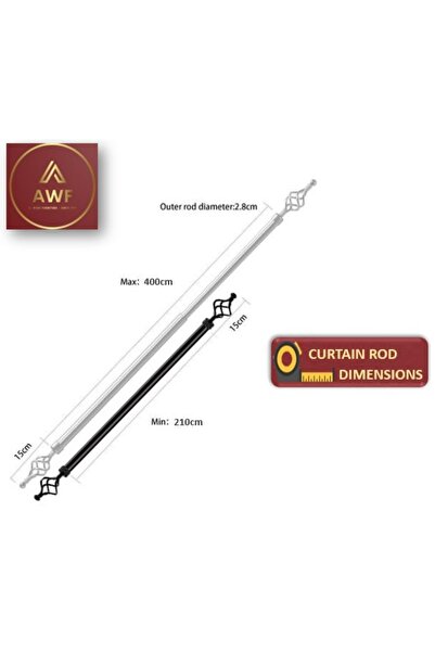 AWF AL WADI FURNITURE Set of 2 Roman Extendable Window Curtain Rods, Metal Single Rods Drapery Rods BLACK, 200 – 400 cm