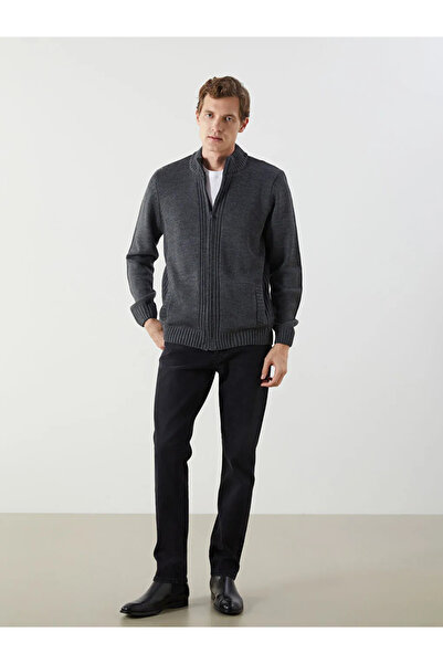 LC Waikiki Ανδρική πλεκτή ζακέτα LCWAIKIKI Classic Grey Plus Size Standard Fit ψηλός λαιμός