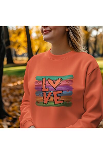 ArtYus Rengarenk Love Colorful Printed Crew Neck Sweatshirt