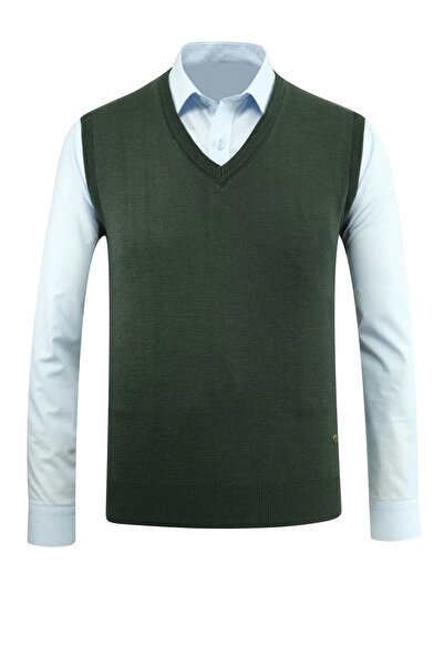 Çizgi Triko Мъжки пуловер с V-образно деколте, плетен, едноцветен, стоманено сив, класически модел - 5200H