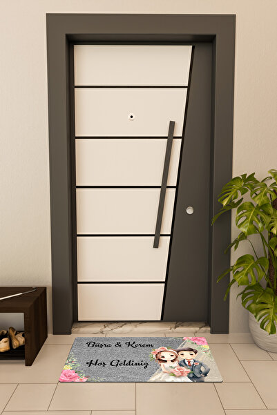 Dormot Yüksek Kaliteli Dijital Baskı Gri, Kişiye Özel İsimli Çift temalı Kapı Önü Paspası