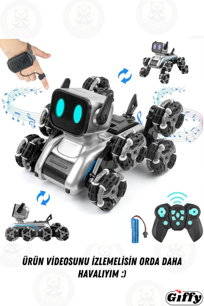 giffy Oyuncak 2.4 GhZ Uzaktan ve Bilekten Kumandalı Şarjlı 8 Teker Akrobat Robot Köpek Müzikli ve Led Işık