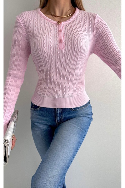 fujya Open Collar Knitted Purry Knitwear Blouse Pink