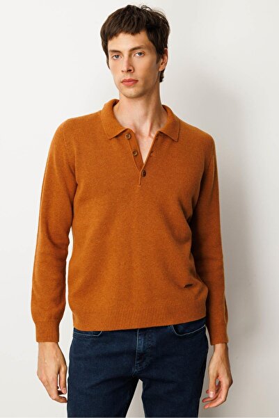 Desen Triko Мъжки пуловер с поло яка от вълна, цвят канела