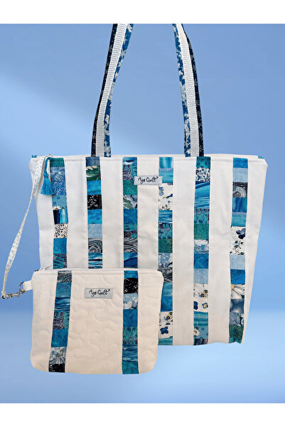 Ays Quilt Blue Patterned White Shoulder Bag - Handmade Bag with Zipper and In...