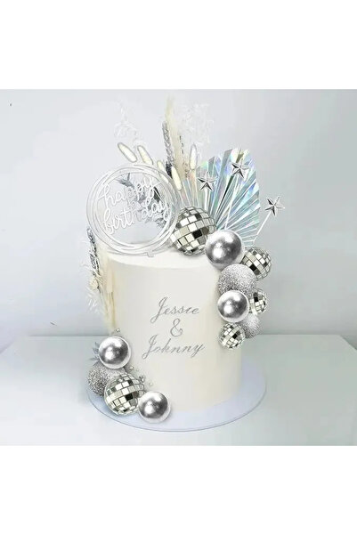 Baloane Vesele Set Decor Tort Aniversar Argintiu Cu Topper Happy Birthday TOP134